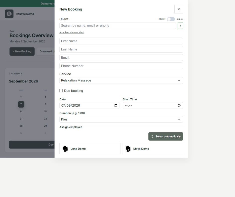 The current New Booking panel showing the additional fields for creating a new client while making a booking.