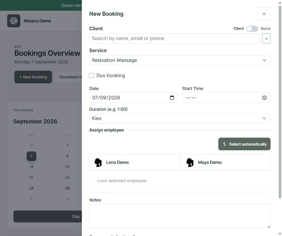 The current New Booking side panel over the bookings overview, with fields for client, service, date, start time, duration and employee.