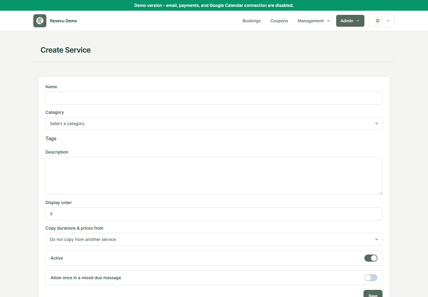The empty Create Service form in the Resevu demo with fields for name, category, description and status.