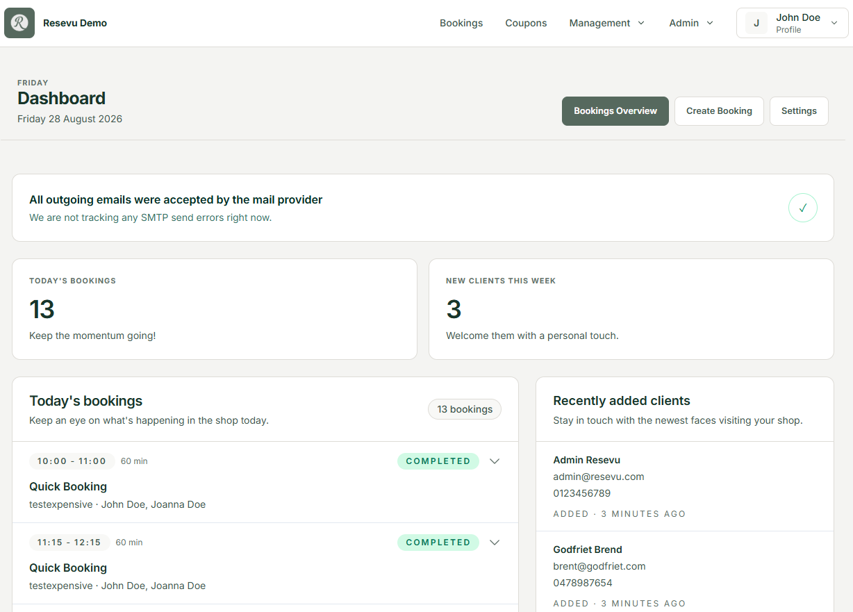Screenshot of the Resevu dashboard with today’s bookings and recently added clients